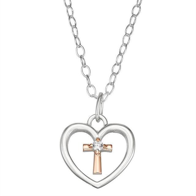 Charming Girl Two-Tone Sterling Silver Heart & Cross Pendant Necklace, Womens Product Image