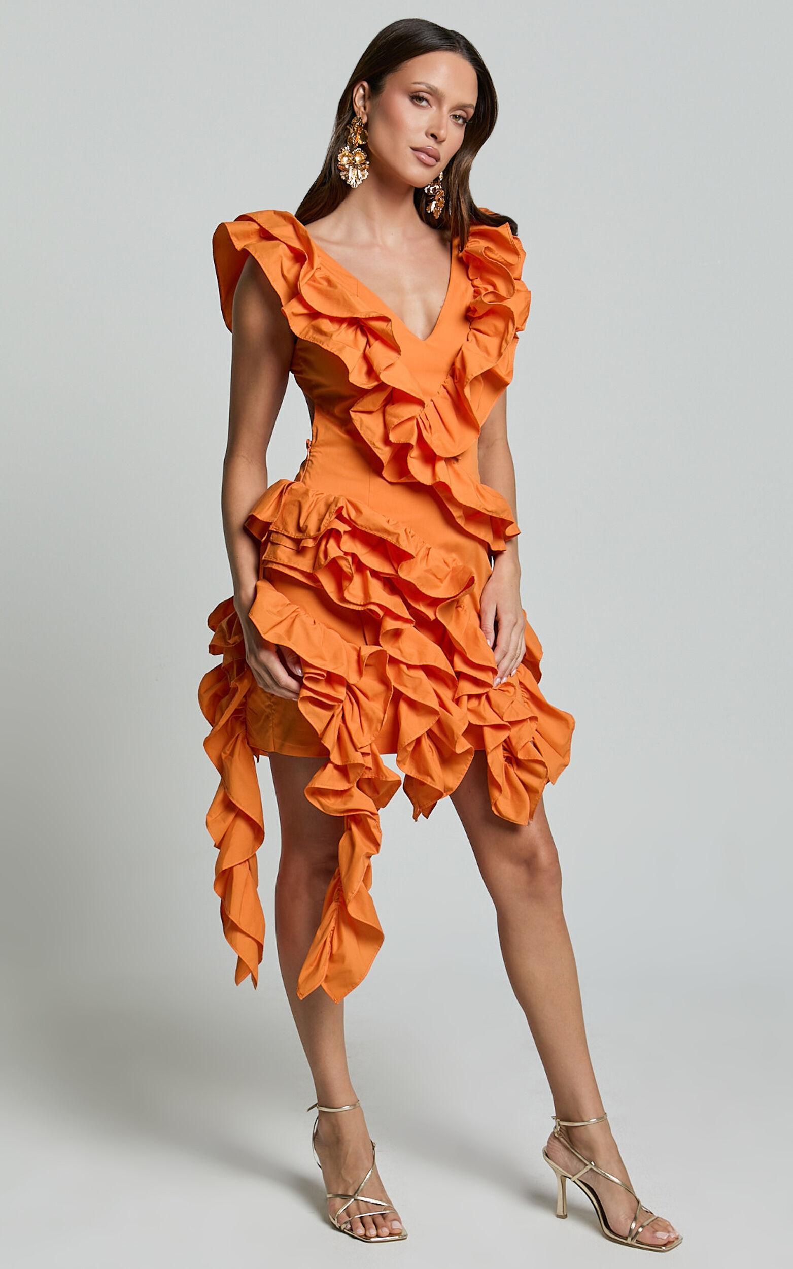 Amalie The Label - Lilou Ruffle Detail Cut Out Mini Dress in Orange Product Image