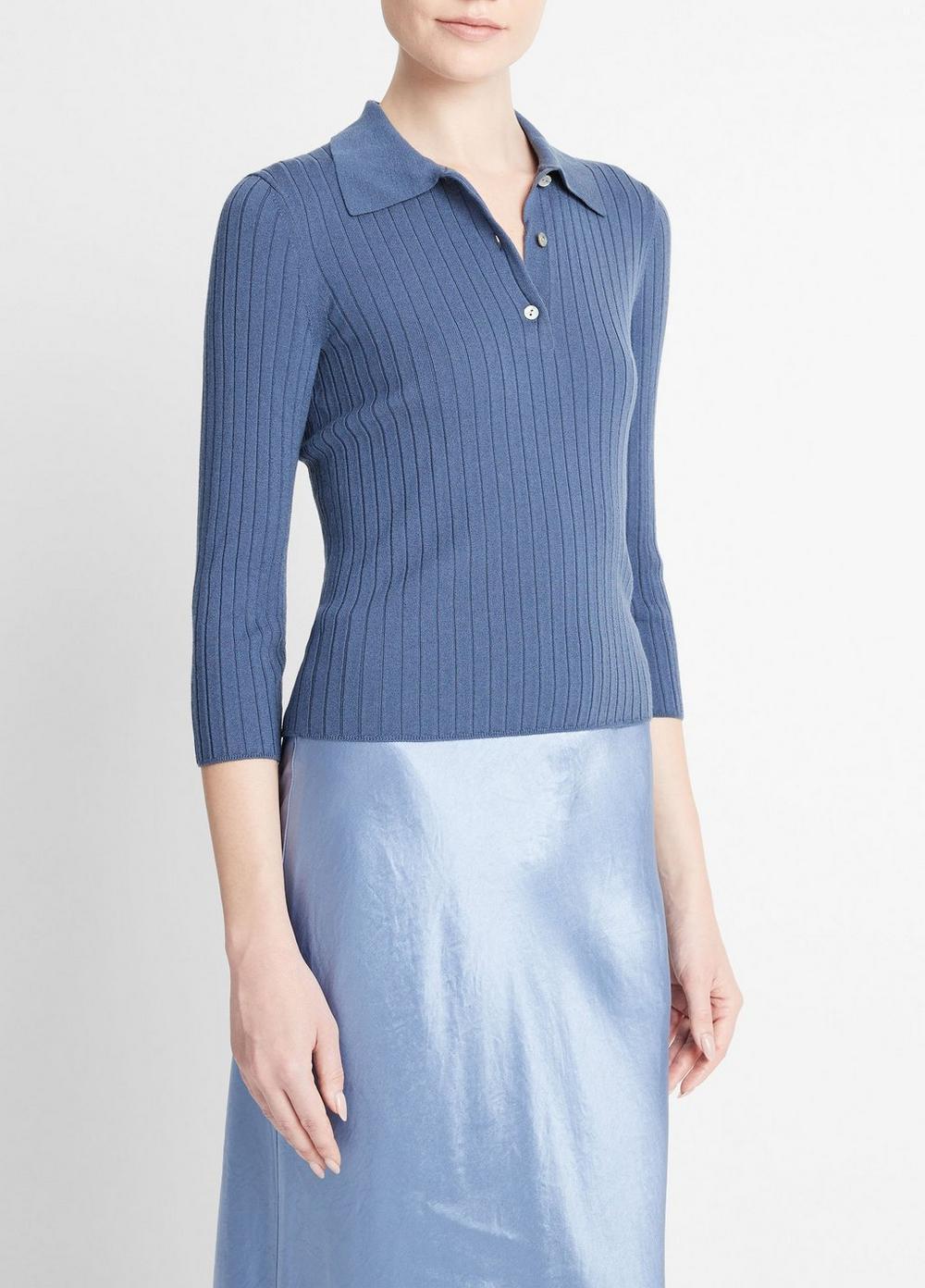 Ribbed Wool Three-Quarter-Sleeve Polo Sweater Product Image