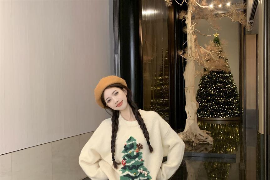 Round Neck Christmas Tree Jacquard Embellished Sweater Product Image