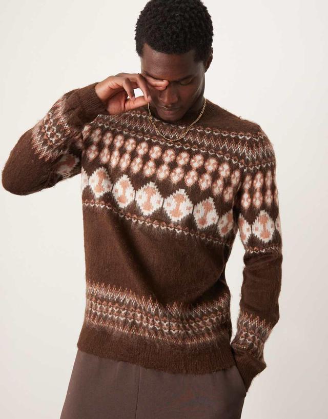 ASOS DESIGN knit crew neck sweater with fairisle pattern in brown Product Image