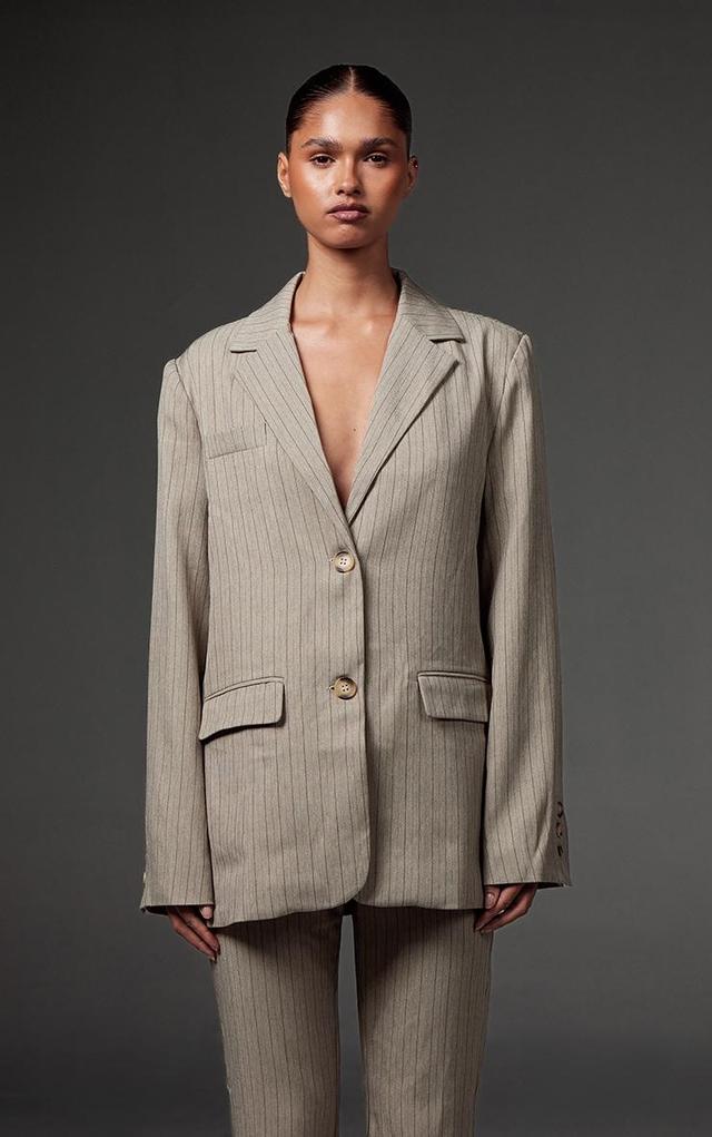 Grey Tailored Woven Pinstripe Oversized Blazer Product Image