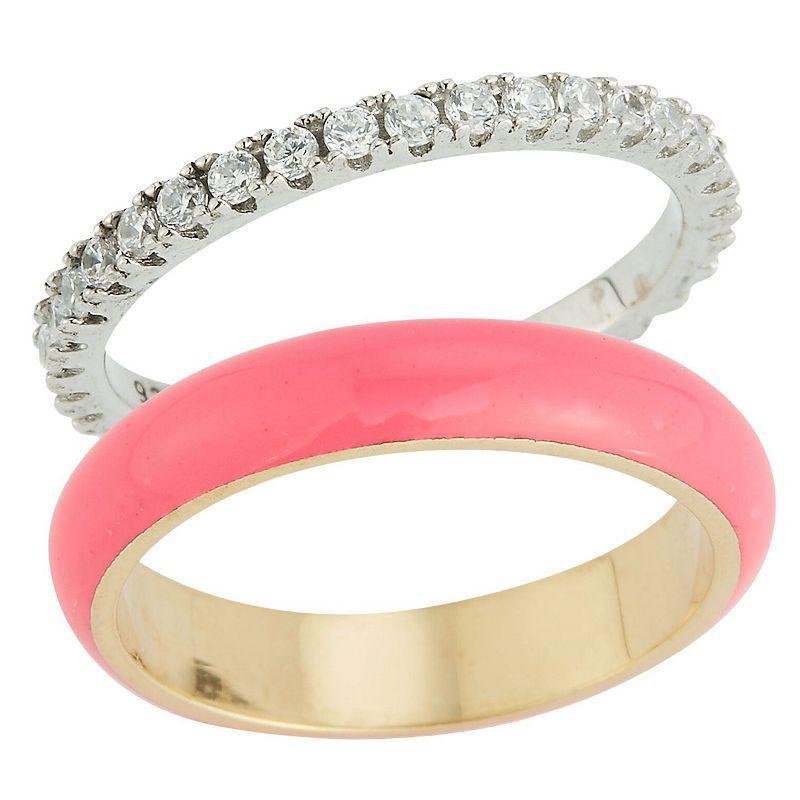 Sunkissed Sterling 14k Gold Over Silver & Sterling Silver Cubic Zirconia Enamel Ring Set, Womens Two Tone Pink Product Image