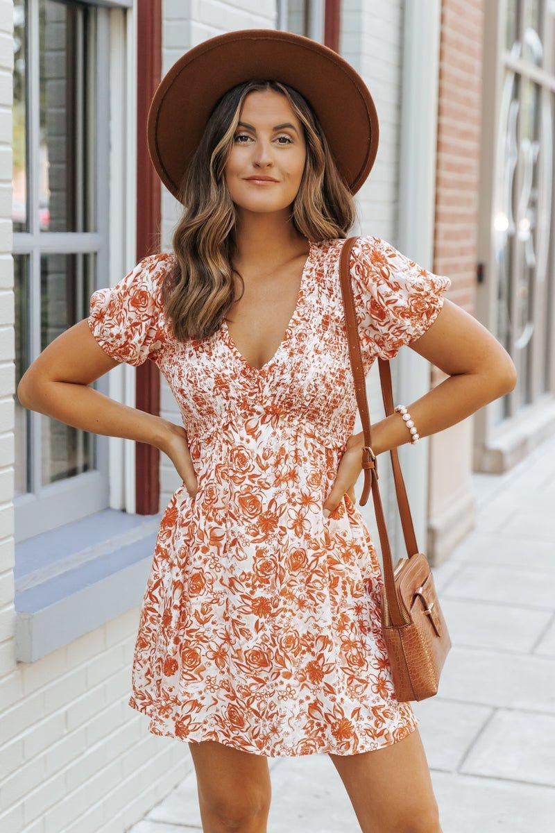 Orange Floral Print Smocked Mini Dress - FINAL SALE Product Image