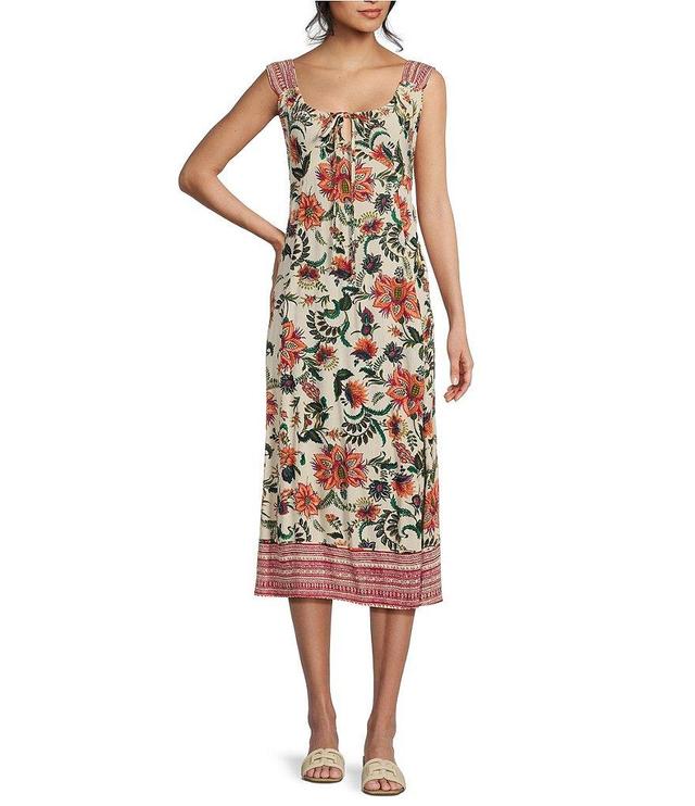 Angie Floral Border Print Tie Front Sleeveless Twist Back Midi Dress Product Image