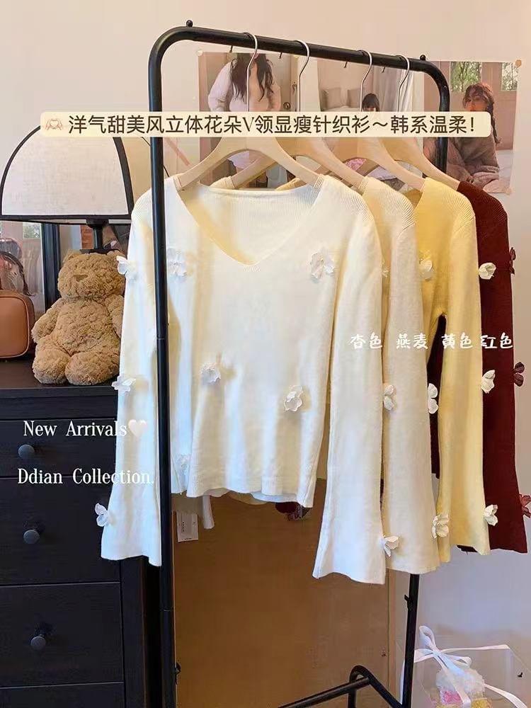 Long-Sleeve V-Neck Plain Flower Accent Knit Top Product Image