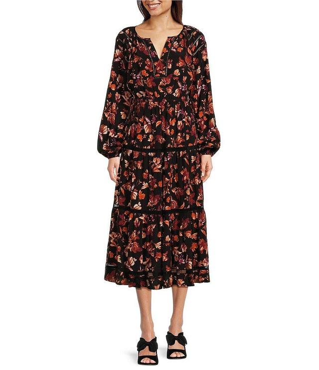 Gibson & Latimer Long Sleeve Lace Insert Floral Print Midi Dress Product Image