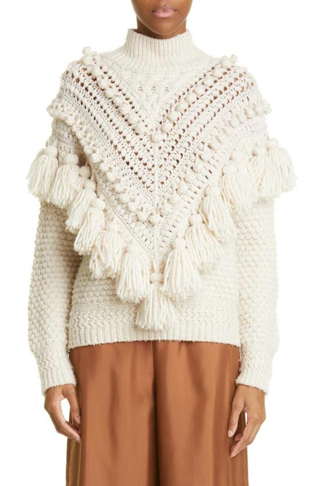 Crochet Tassel And Pom Pom Turtleneck Sweater In Beige Product Image