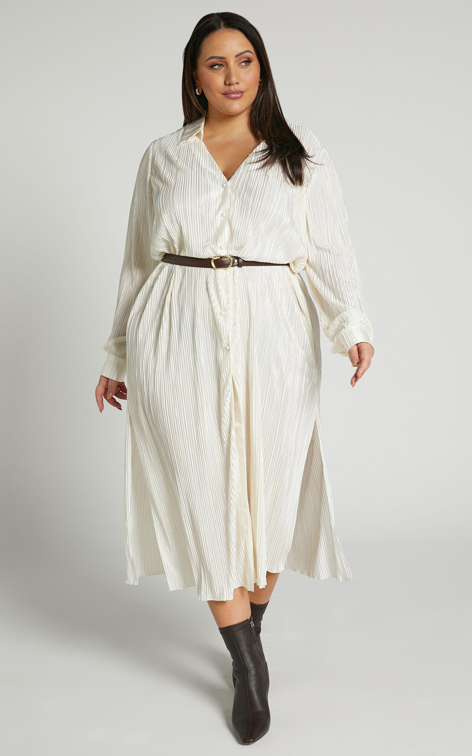 Donelli Midi Dress - Plisse Oversized Collared Shirt Dress in Cream Product Image