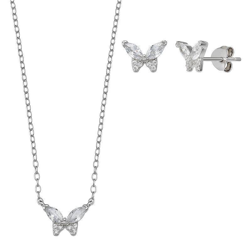 PRIMROSE Sterling Silver Cubic Zirconia Butterfly Stud Earrings & Pendant Necklace Set, Womens Grey Product Image