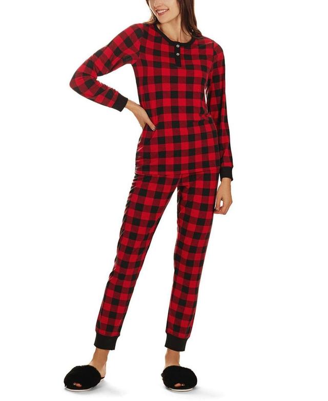 MeMoi Womens Buffalo Plaid Long Sleeve Tapered Bottom 2 Piece Pajama Set - Black Product Image