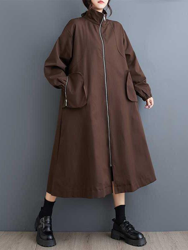 Long Sleeves Loose Elasticity Pockets Split-Joint Zipper High Neck Outerwear Trench Coats Product Image