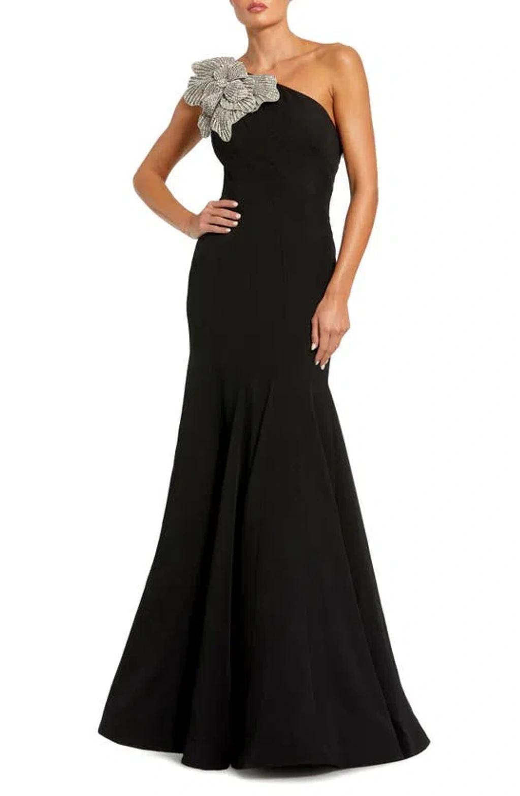 Crystal Flower One-shoulder Trumpet Gown In Black Product Image