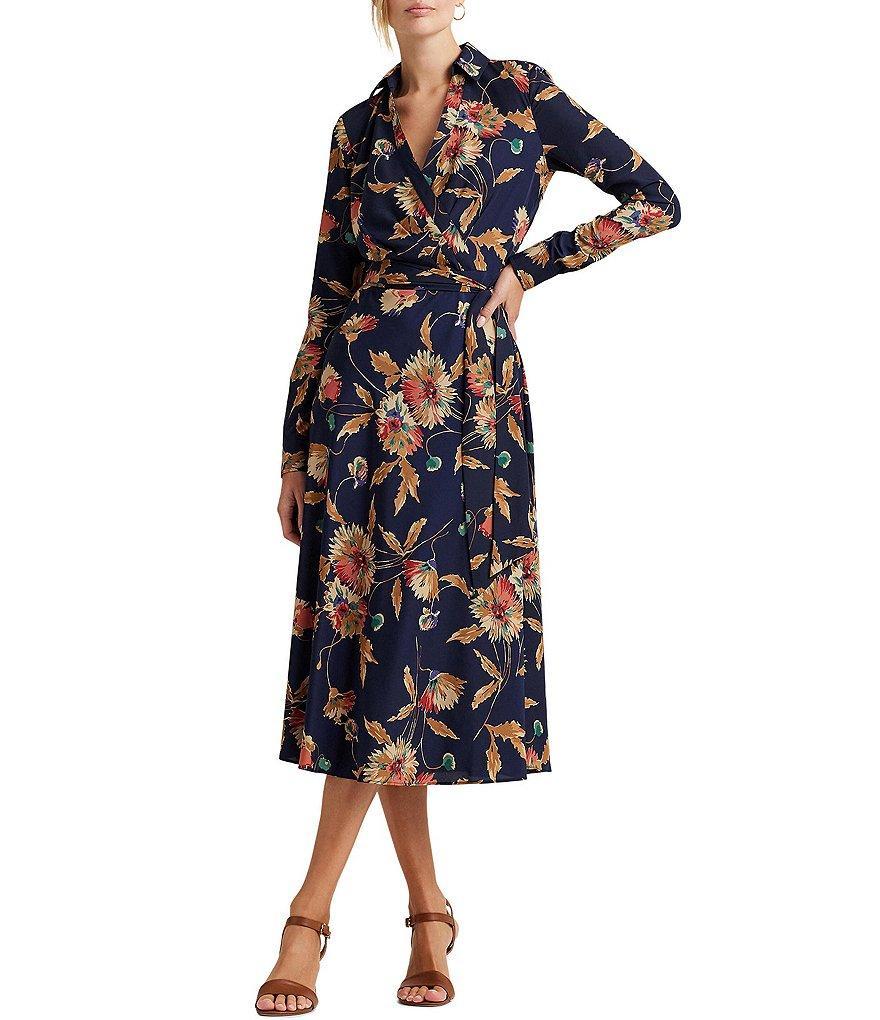 Lauren Ralph Lauren Crepe Floral Point Collar Surplice V-Neck Long Sleeve Midi Dress Product Image