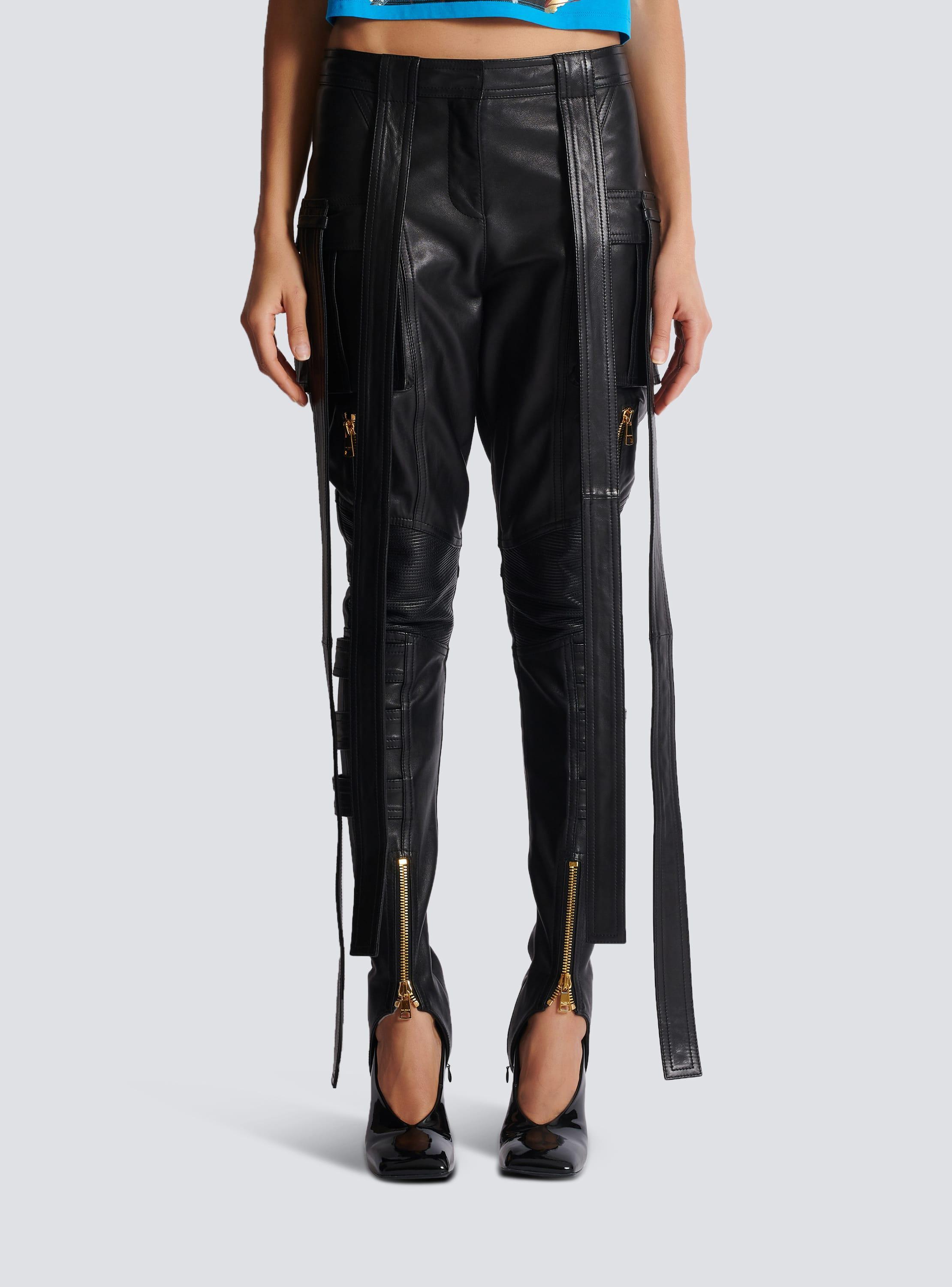 Leather cargo trousers with straps Product Image