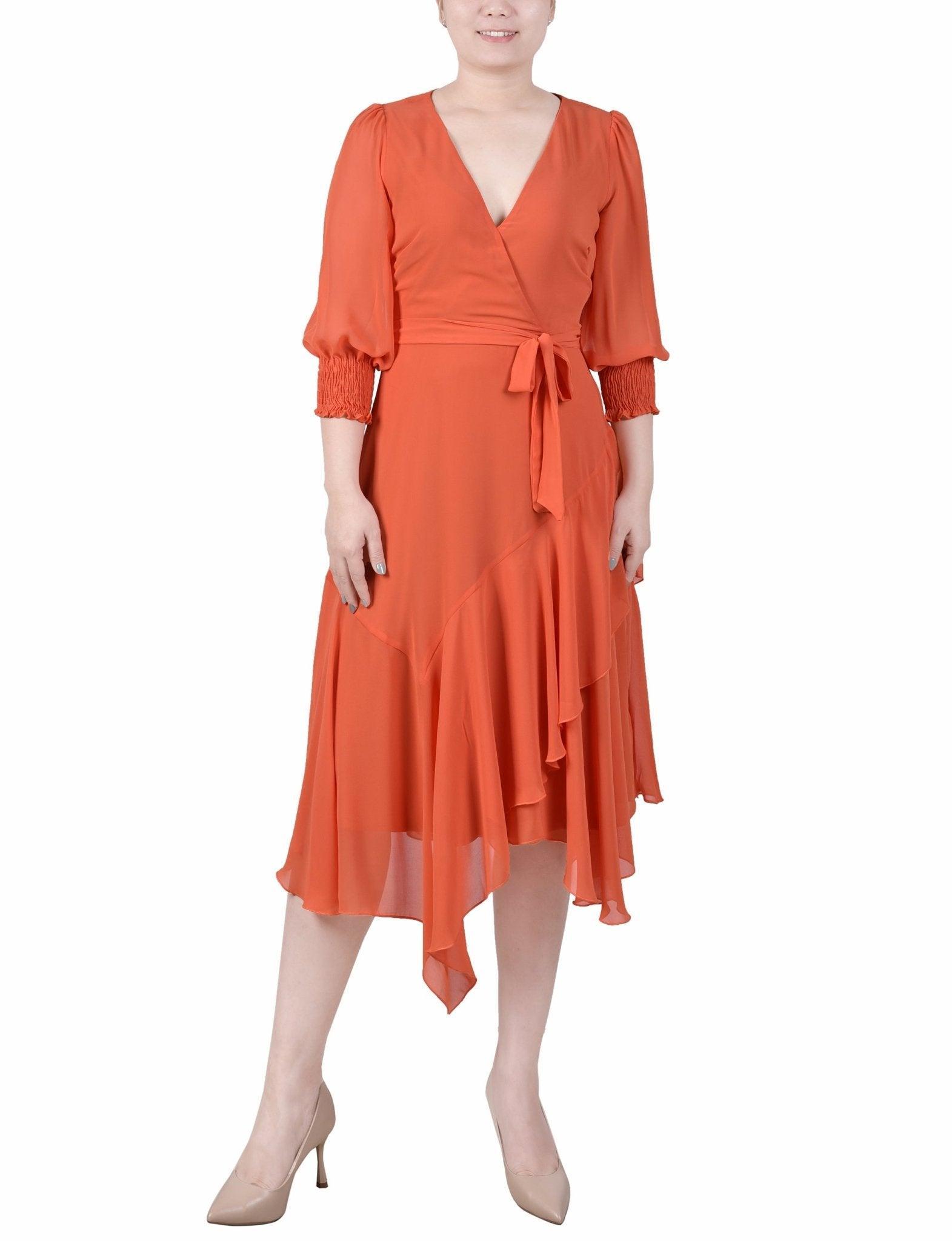 3/4 Length Sleeve Belted Chiffon Handkerchief Hem Dress - Petite Product Image