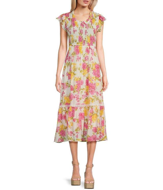 Blu Pepper Floral Print Smocked Midi Dress Product Image