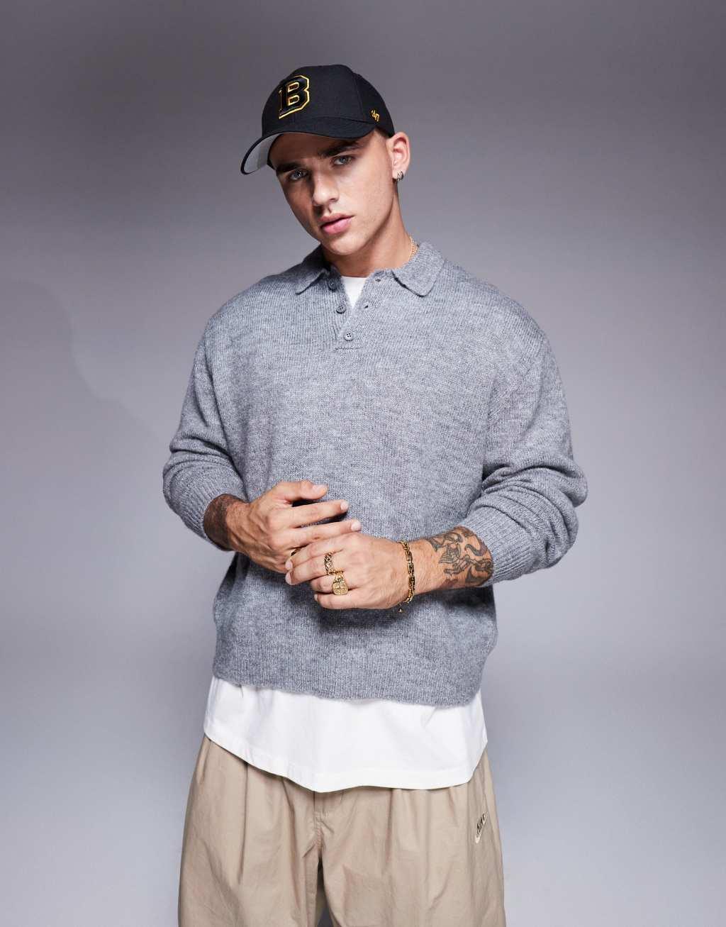 ASOS DESIGN oversized boxy fit knitted polo in gray Product Image