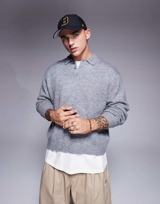 ASOS DESIGN oversized boxy fit knitted polo in gray Product Image