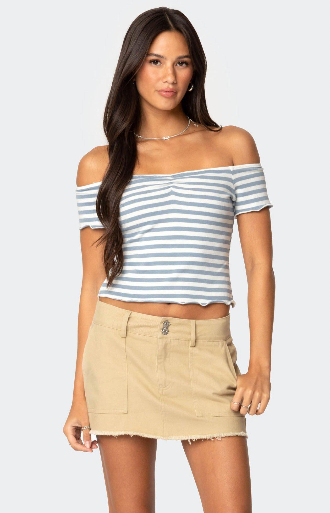 Edikted Women's Shara Striped Off Shoulder Top in Blue/White - product image