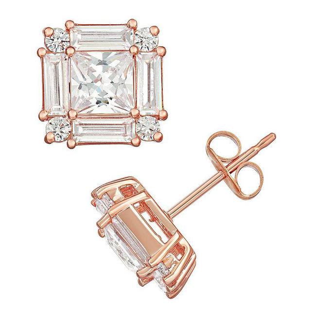 14k Rose Gold Over Silver Cubic Zirconia Princess Stud Earrings, Womens, Pink Tone Product Image