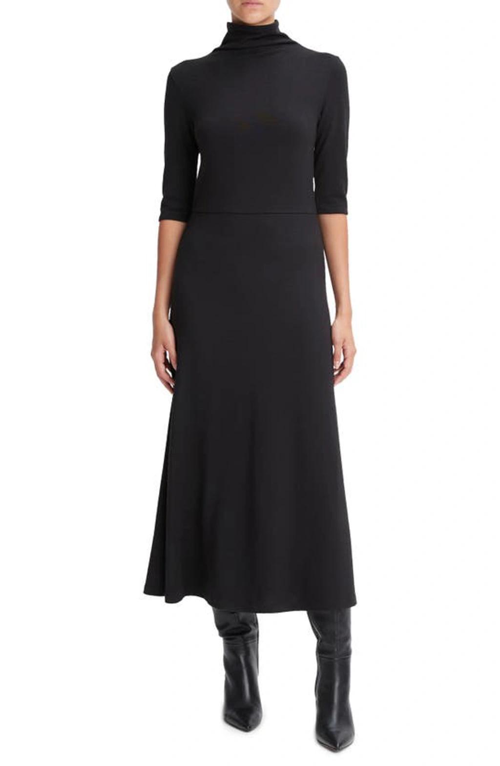 Elbow-sleeve Turtleneck Midi Dress In Black Product Image