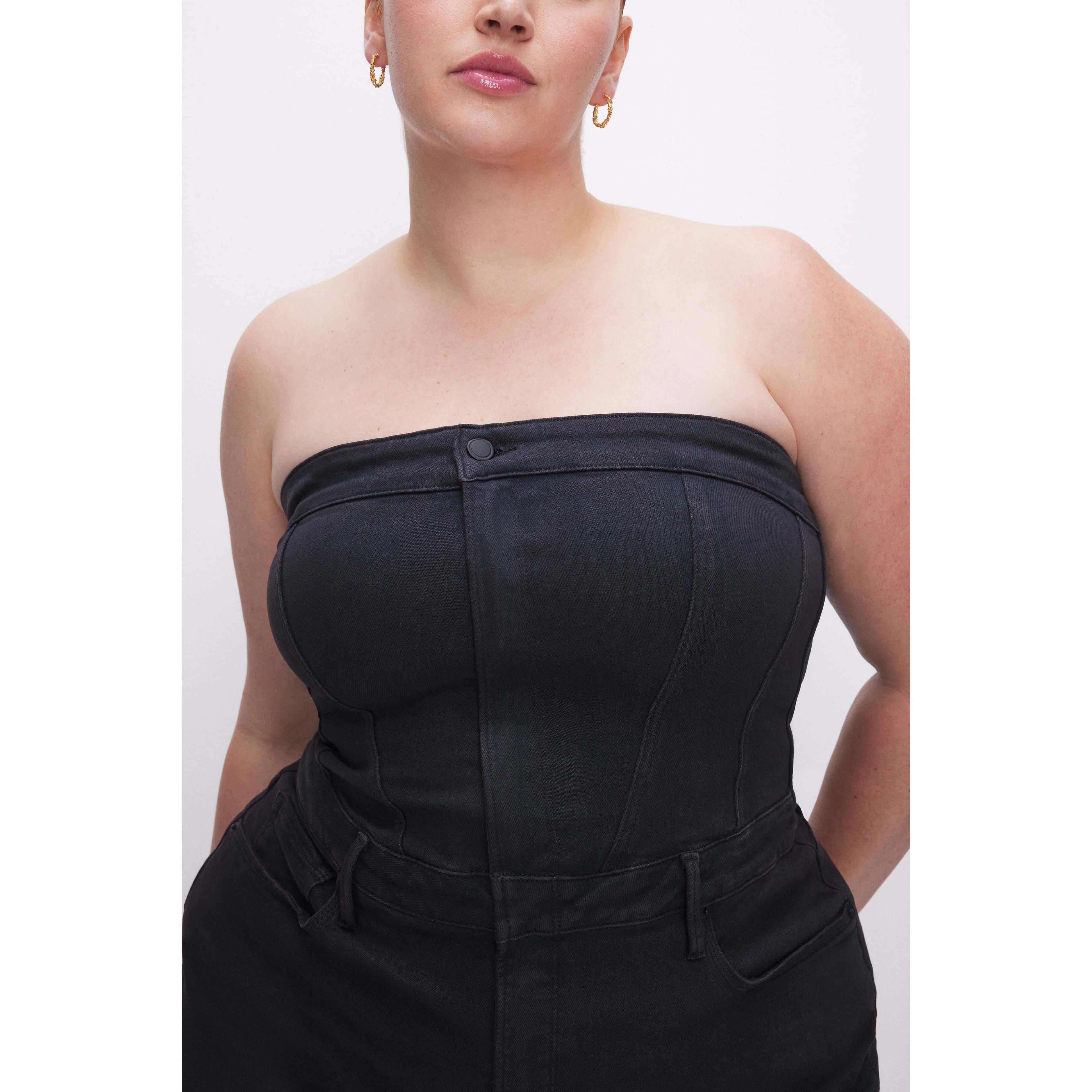 Womens Fit For Success Light Compression Strapless Denim Jumpsuit | Black, | Hidden Front Zipper Closure, Breast Pockets269 Siz Product Image