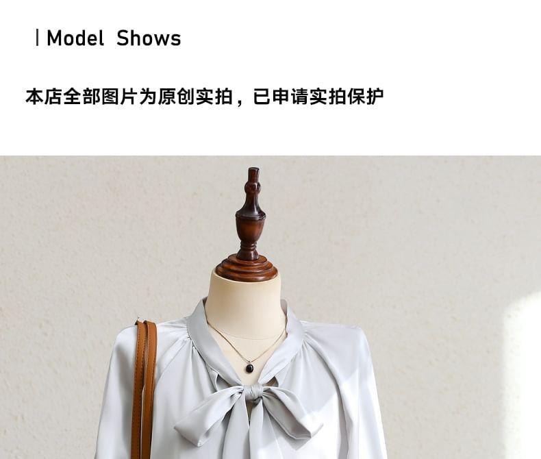 Long Sleeve Bow Neck Plain Blouse Product Image