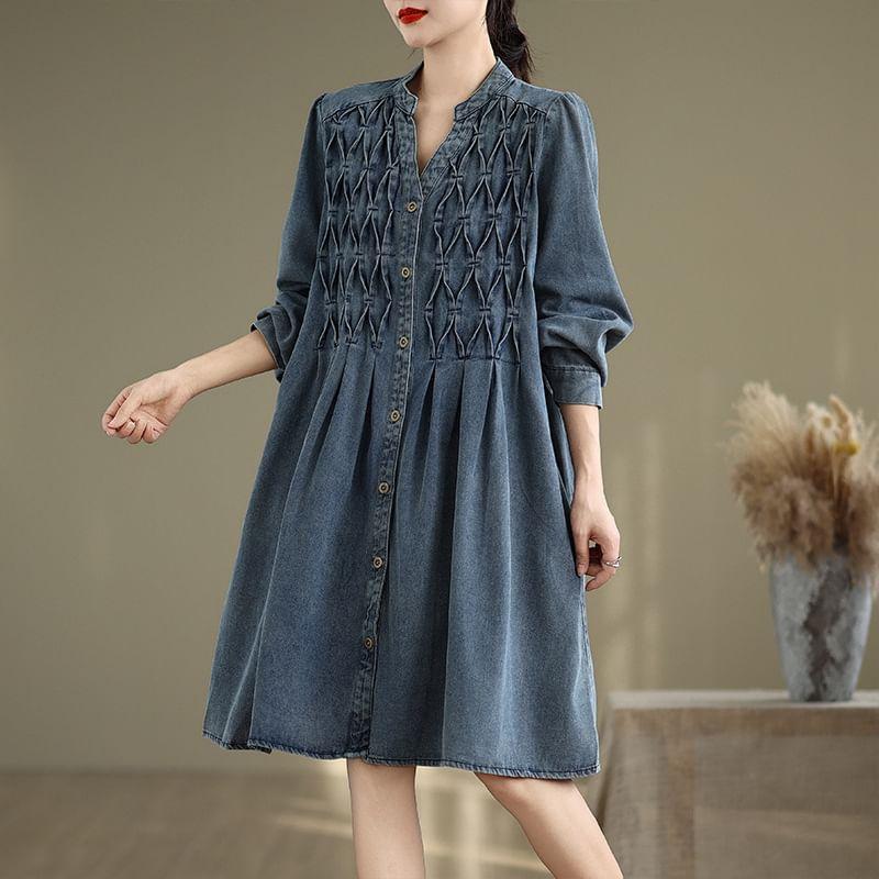 Long Sleeve Stand Collar Loose Denim Shirt Dress Product Image