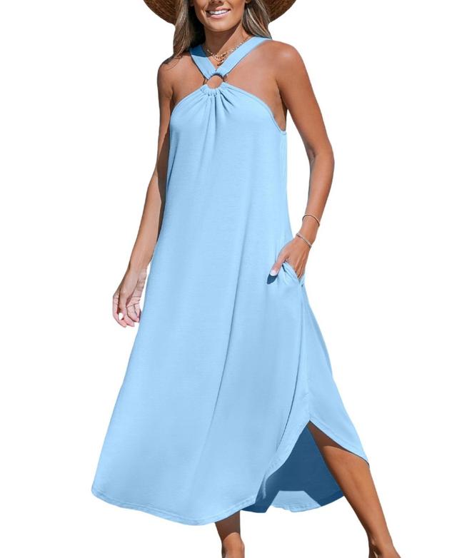 Cupshe Womens Light Blue High Neck Sleeveless Maxi Beach Dress - Light Product Image