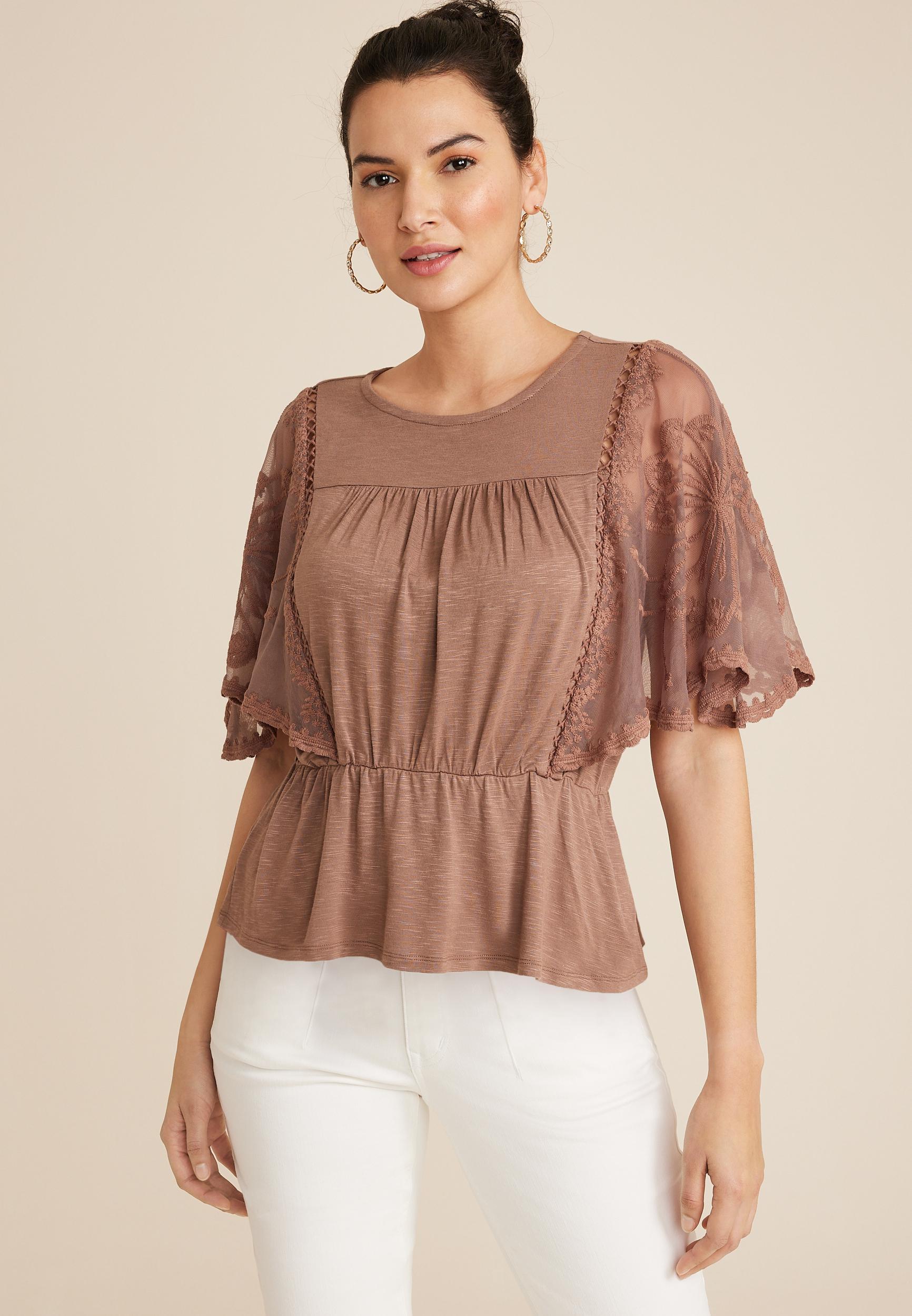 Embroidered Floral Sleeve Peplum Blouse Product Image