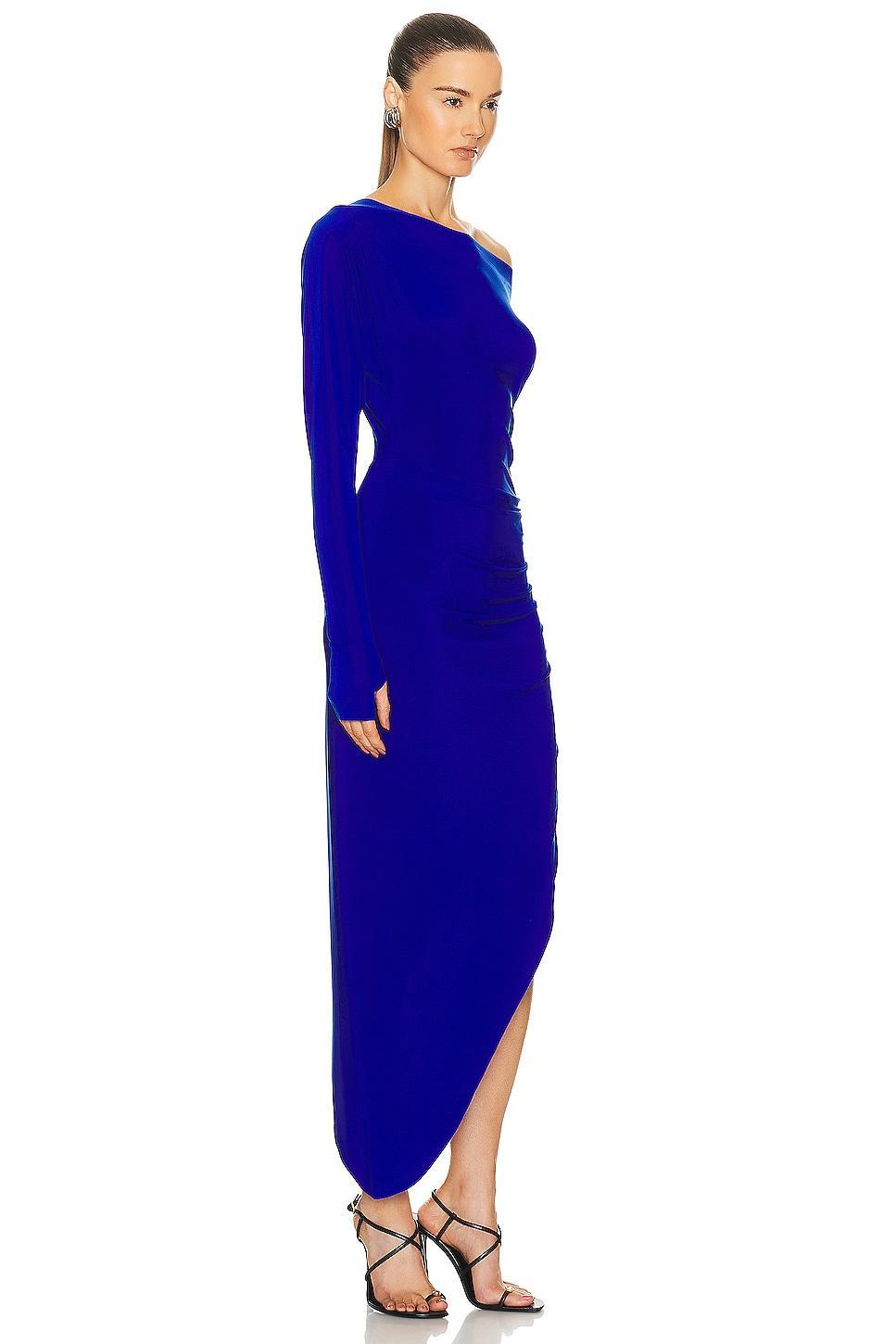 Norma Kamali One Sleeve Drop Shoulder Side Drape Gown Royal. (also in S, M, L, XL). Product Image