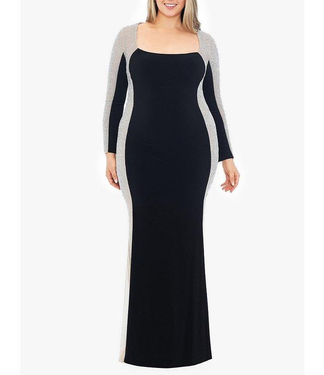 Xscape Plus Size Long Sleeve Square Neck Caviar Beaded Mesh Panels Sheath Gown Product Image