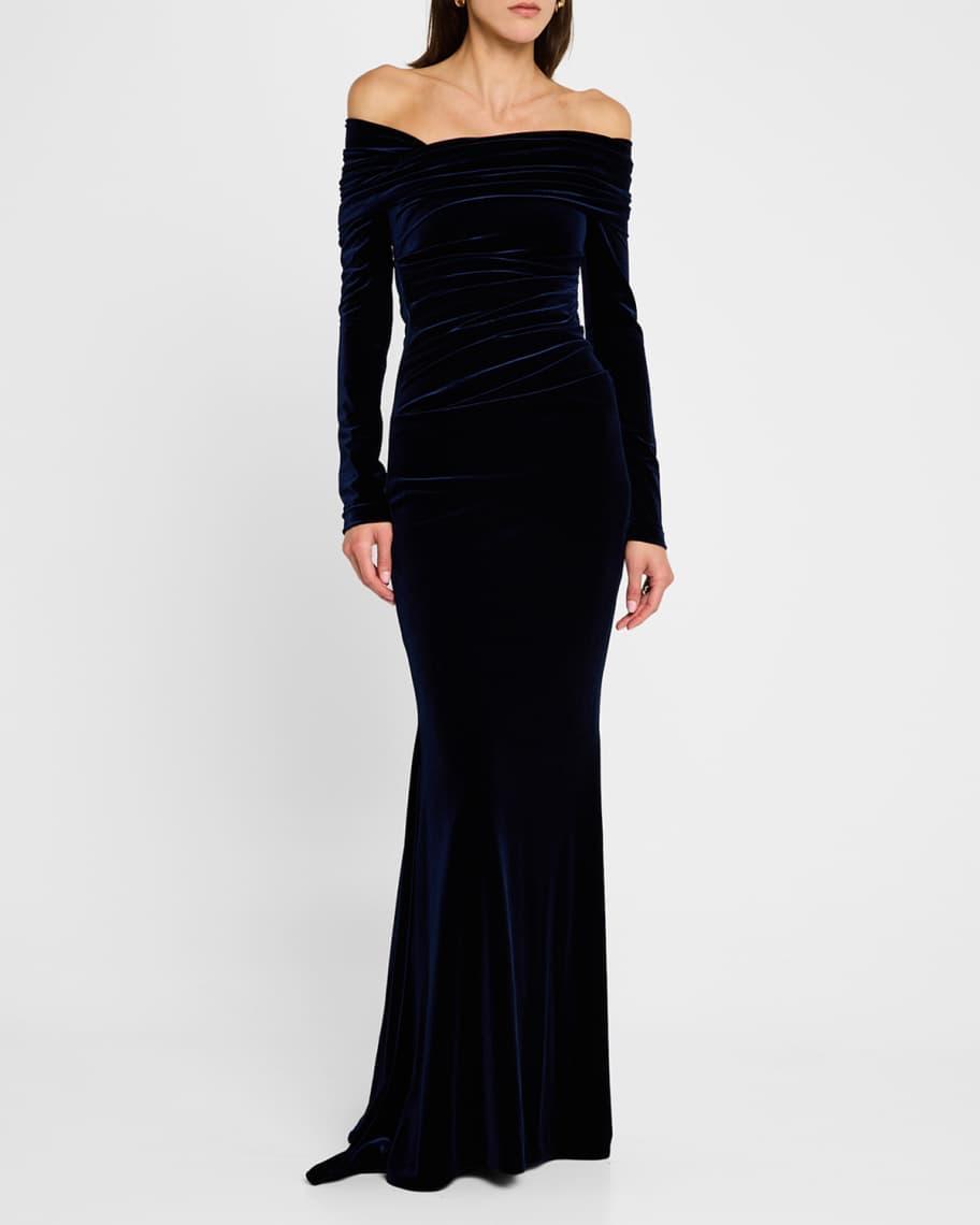 Off-the-Shoulder Stretch Velvet Long-Sleeve Gown Product Image