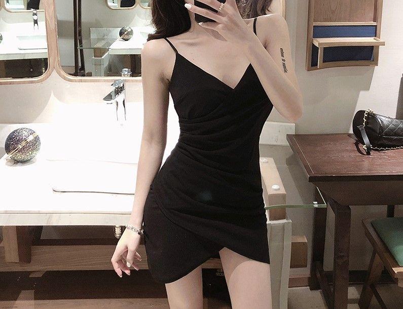 Spaghetti Strap V-Neck Draped Mini Bodycon Dress Product Image