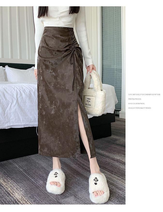 High Rise Drawstring Plain Slit Velvet Midi A-Line Skirt Product Image