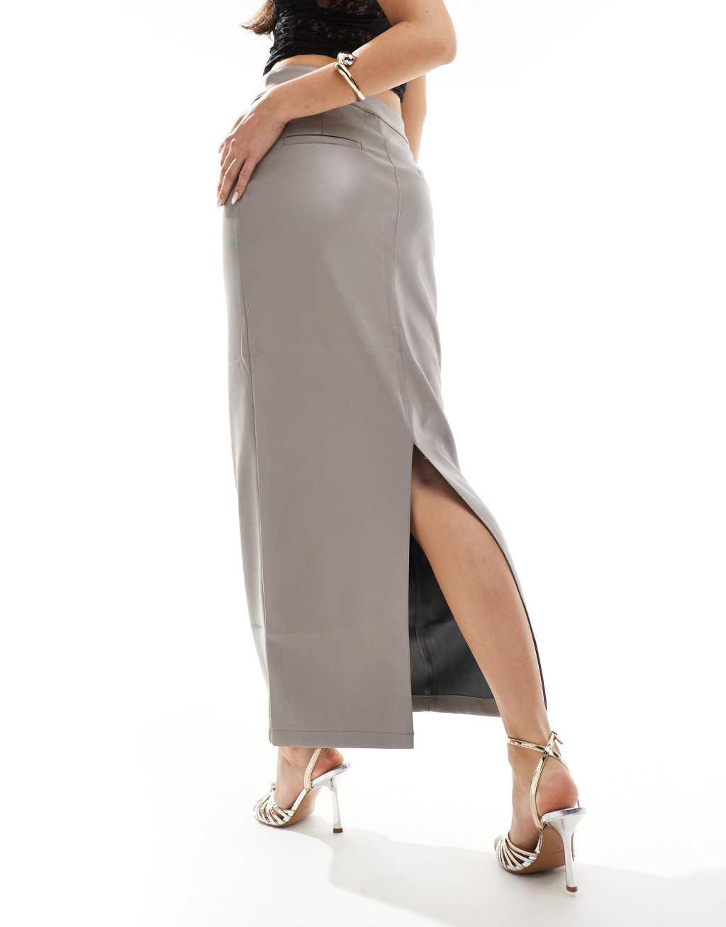 River Island tailored faux leather midaxi skirt in light gray Product Image