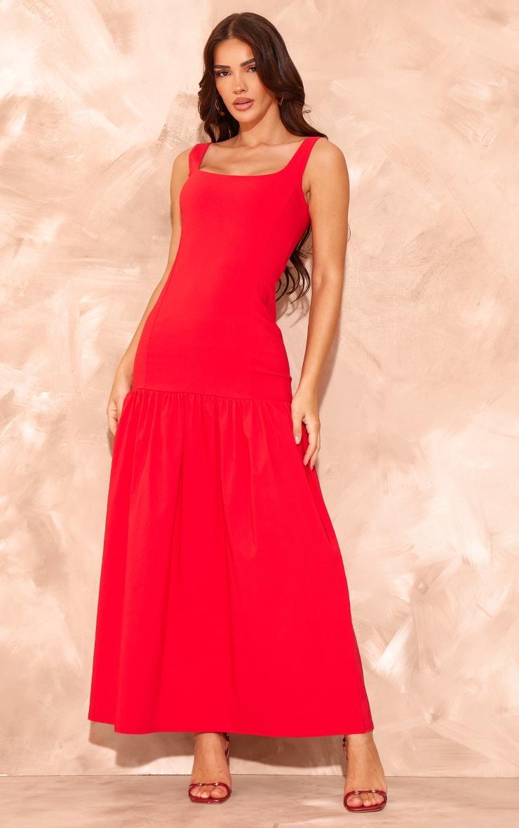 Red Stretch Woven Puff Hem Midi Dress Product Image