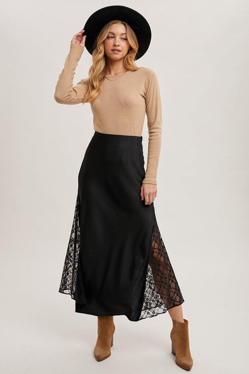 Lace Trimmed Satin Midi Skirt product image