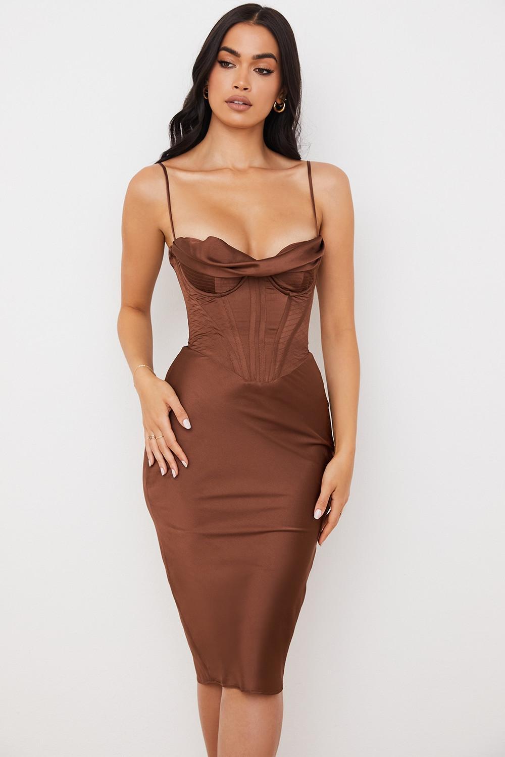 Myrna Chocolate Satin Corset Slip Dress Product Image