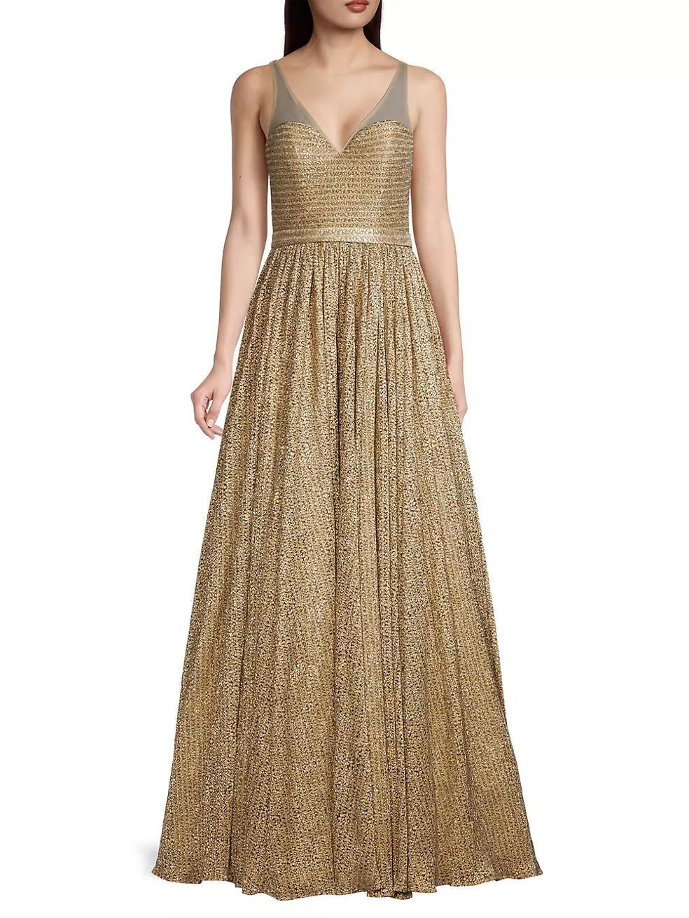 Illusion Metallic-Knit Flared Gown Product Image