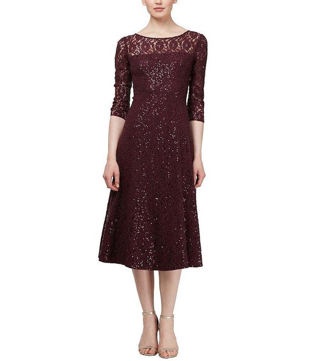 Ignite Evenings Sequin Lace Round Neck 3/4 Sleeve Midi Dress Product Image