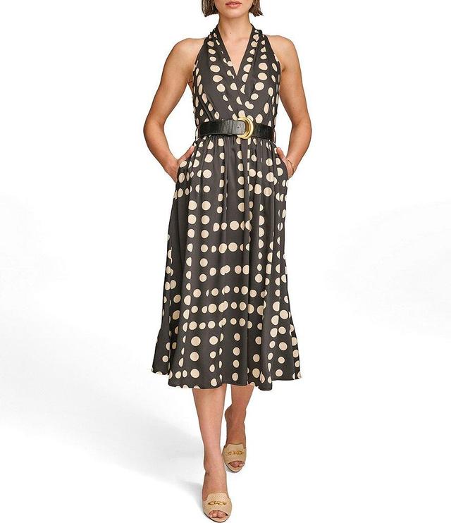 Donna Karan Sleeveless V-Neck Belted Polka Dot Midi Dress Product Image