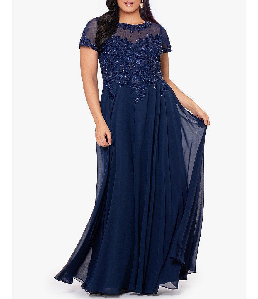 Xscape Plus Size Illusion Boat Neck Embroidered Sequin Bodice Chiffon Gown Product Image