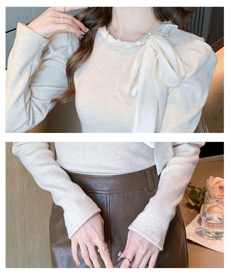 Long-Sleeve Crew Neck Faux Pearl Bow Knit Top Product Image