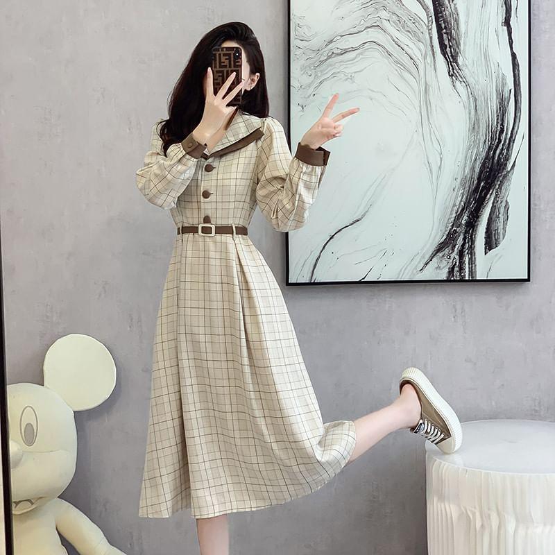 Long-Sleeve Collared Plaid Midi A-Line Dress Product Image