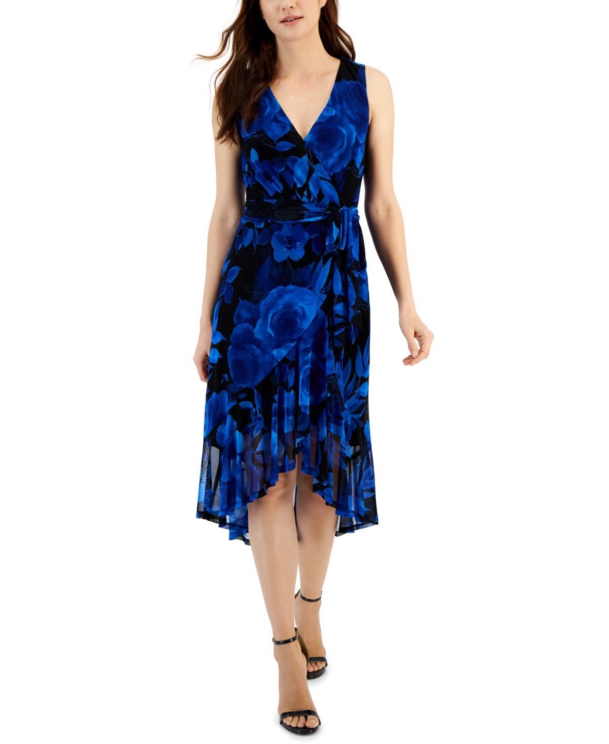 Connected Womens Printed Ruffled-Hem Tie-Waist Wrap Dress Product Image