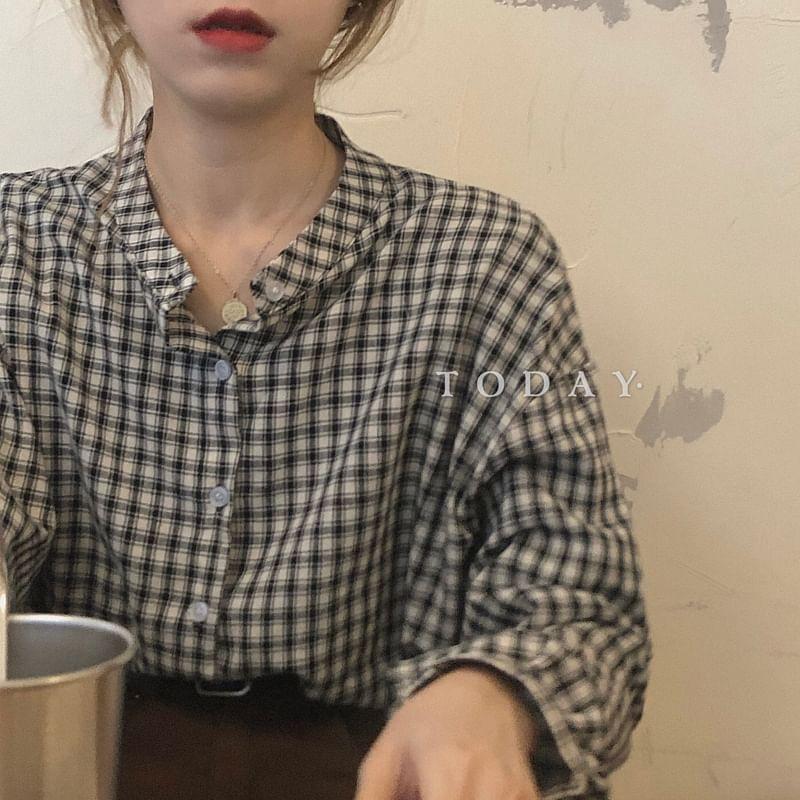 Long-Sleeve band Collar Plaid Shirt Product Image