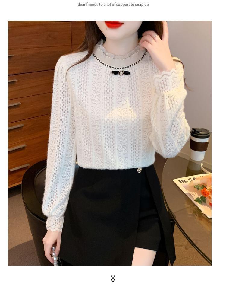 Puff-Sleeve Mock Neck Patterned Bow Blouse Product Image