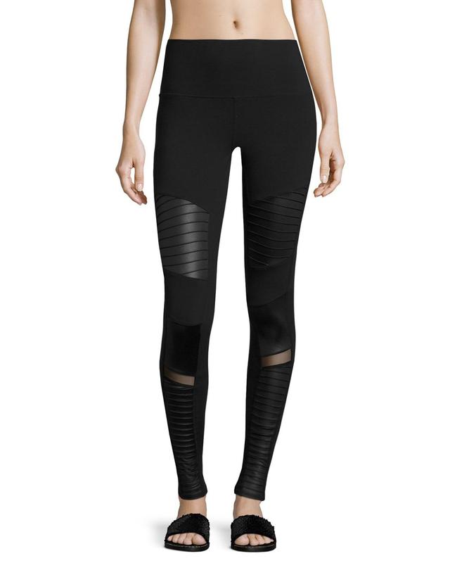 High-Waist Moto Sport Leggings with Mesh Panels Product Image